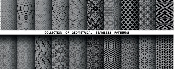 Geometric set of seamless black and gray patterns. Simple vector graphics