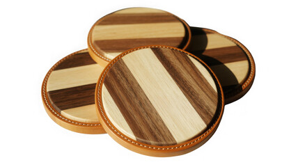 Three wooden coasters with striped patterns stacked together on a white background