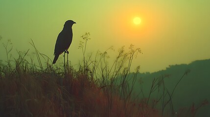 Bird standing on grass at sunset, silhouette against bright sky in a natural landscape