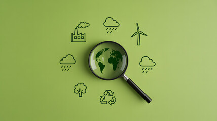 Environmental Analysis Concept Featuring Magnifying Glass Over Earth and Renewable Energy Icons