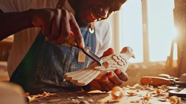 Artisan crafting creation, Skilled artisan delicately sculpting figurine within bright workshop environment, Talented craftsman precisely molding wooden sculpture in sunlit studio filled