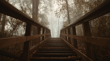 Fototapeta premium Wooden bridge leading through a dense foggy forest with tall trees and lush foliage, rustic hand-crafted construction and textured surface