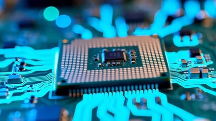 Closeup of a computer chip on a circuit board - Powered by Adobe
