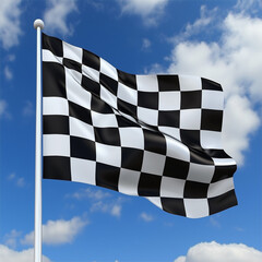 Fototapeta premium Checkered racing flag waving on a metal pole against a blue sky