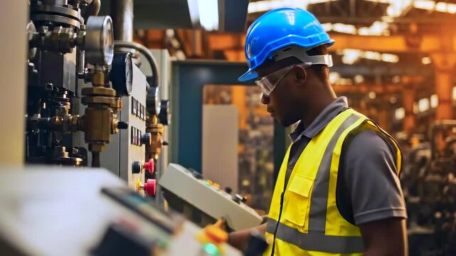 Black technician operating industrial control panel, highvis vest and blue hard hat, adjusting valves and switches on heavy machine in warm lit factory, focused expression, safety gloves