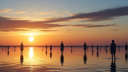 People standing in calm waters during a serene sunset with reflections of individuals visible on the surface