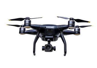 A black flying drone isolated on transparent or white background