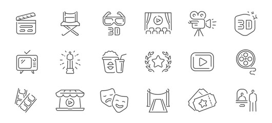 Cinema set of icons in line style. Movie and film linear symbols collection. Movie theater concept