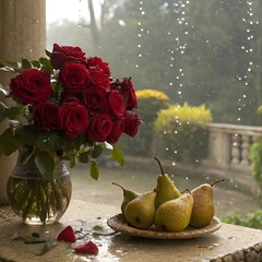 Red roses and pears with falling rain drops, cinematic realism, beautiful background