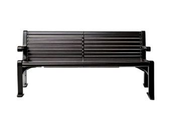 Black minimalist bench with a sturdy metal frame, perfect for modern spaces and versatile isolated on transparent or white background