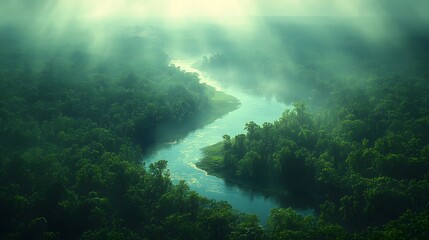 Obraz premium Misty morning light over tropical rainforest with a winding river going through the landscape of the Amazon