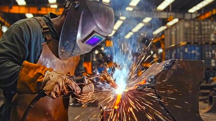 white welder producing blazing sparks in industrial workshop, arc welding on heavy steel, protective helmet with visor, blue smoke and flying orange sparks, gloved hands controlling torch - Powered by Adobe