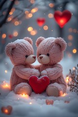 Romantic Winter Valentine&rsquo;s Day Teddy Bears in Candle Lantern Garden Glow.