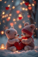 Romantic Winter Valentine&rsquo;s Day Teddy Bears with Red Velvet Heart in Snow.