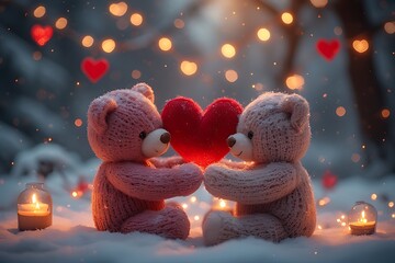 Romantic Winter Valentine&rsquo;s Day Teddy Bears in Snowy Enchanted Garden Scene.