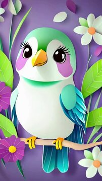 Bunter Vogel der zwischen farbigen Bl&auml;ttern sitzt