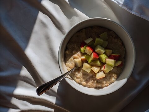Overhead view of healthy breakfast porridge with fruit toppings in morning light