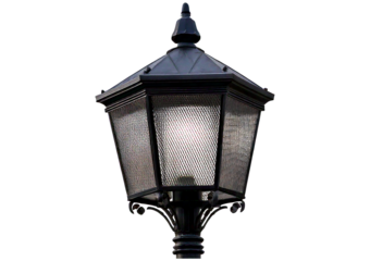 Classic black street lamp with glass panels isolated on transparent or white background