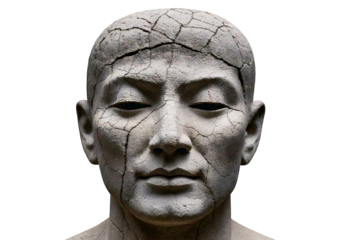Cracked stone sculpture of human face isolated on transparent or white background