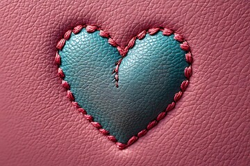 Heart stitched from fine leather, high detail texture, premium lighting.