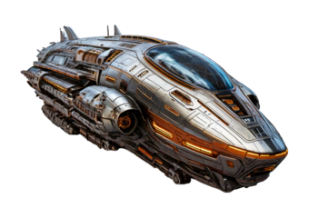 Futuristic sci-fi spaceship with detailed metallic body isolated on transparent or white background