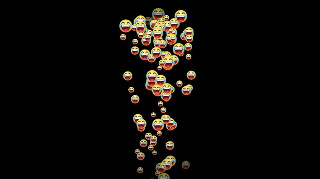 Dense vertical stream of 3D laughing emojis rising on a black background for social media apps