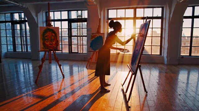 Tranquil artist immersed in painting harmony, Serene painter deeply engaged with colorful creation process, Calm and peaceful setting depicting dedicated artist absorbed in vibrant artistic expression