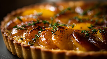 A golden-brown fruit tart with glazed slices and fresh thyme garnish, showcasing a flaky crust and glossy caramelized surface