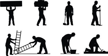 Construction worker silhouette set with eight diverse poses and tools for labor, industrial, and safety design themes.
