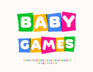 Vector Kids emblem Baby Games. Unique Bright Font. Cool Children Alphabet Letters and Numbers. 