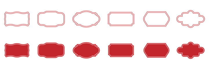 Vintage label and badges shape collections red colour. Vintage label collection with ornate frames red line and silhouettes. Decorative badge shapes for product packaging, branding and logo design. 