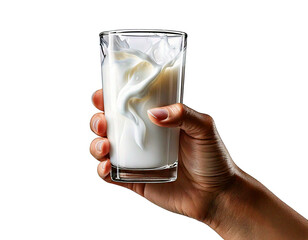 Hand with glass of milk isolated on transparent or white background