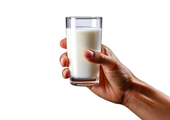 Hand with glass of milk isolated on transparent or white background