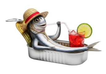 glistening anthropomorphic silver anchovy in a straw hat, reclining inside an oily metal tin, sipping a vibrant red cocktail, isolated on a transparent background. concept for ironic summer relaxation