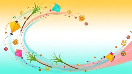 Celebratory kite flying scene with colorful kites, flowers, and leaves in a vibrant, gradient background