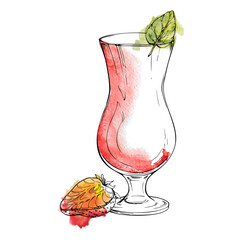 Strawberry daiquiri, fruit juice or milkshake cocktail in hurricane glass, berry slice and mint leaf garnish. Watercolor and ink mixed hand drawn illustration. Cafe or bar summer menu, vendor board © Elena