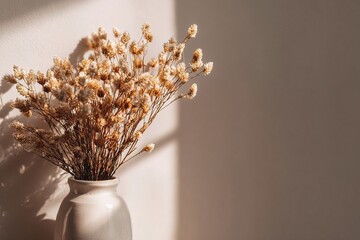 Dried flowers arranged in plain vase sit against wall. Soft afternoon light creates shadows and highlights texture of flowers and vase