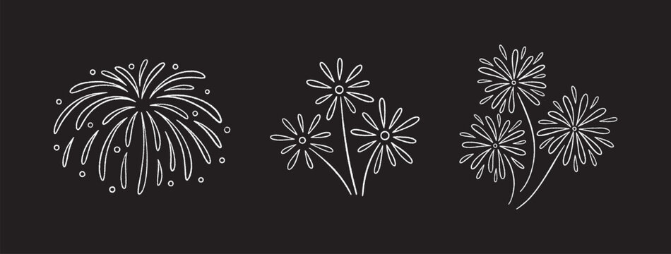 Firework doodles and festive hand drawn firecrackers set. Minimal line sketch style celebration icons with stars, sparkles, magical bursts. For party and holiday design. Vector illustration, black bg