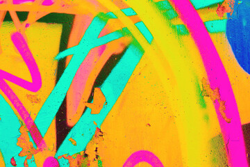 Abstract graffiti pattern in neon pink, yellow, cyan on textured surface. Y2K, 2000s style, fluorescent glow, vibrant colors. Digital art, posters, creative banner, summer visuals.