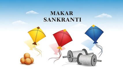 Colorful kites flying high in the sky during Makar Sankranti celebration with drums