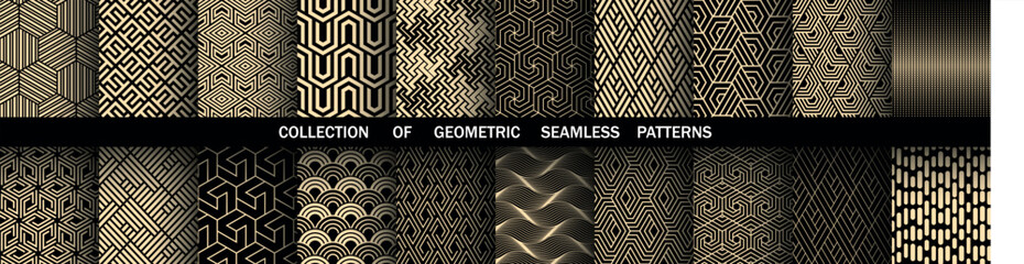 Geometric set of seamless black and golden patterns. Simple vector graphics