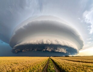 Vast cumulonimbus cloud dominates sky above vast golden field