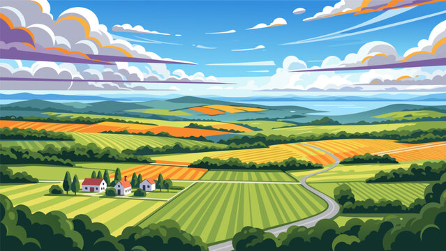 Vector illustration of a serene landscape with rolling hills and fields under a blue sky, d.eps reference