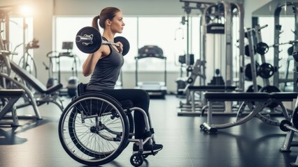 Determined woman in a wheelchair powerfully lifts weights in a bright gym, symbolizing strength and inclusive fitness