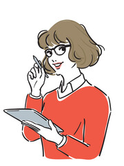 ウエーブヘアでメガネ赤いセーターの女性