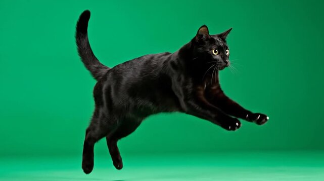 Sleek black cat jumping mid-air on bright green screen background.