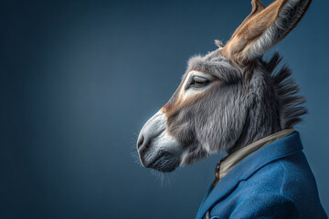 Donkey in a blue suit looking confident and professional