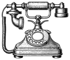 a black and white picture of an old fashioned telephone, antique, black, drawing, illustration, old, phone, picture, telephone, against transparent background