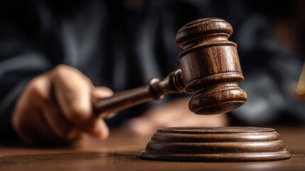 A wooden judge's gavel with a polished dark brown finish resting on a sound block, symbolizing authority and legal proceedings