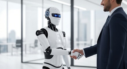 A businessman in a suit shakes hands with a humanoid robot in a modern office setting, symbolizing collaboration between humans and artificial intelligence.